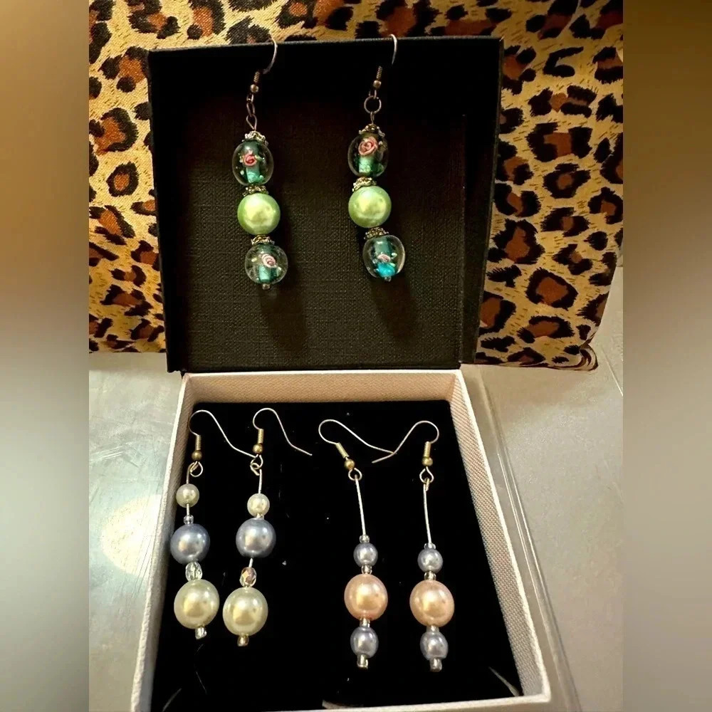 Set of 3 handmade beaded & glass earrings.
